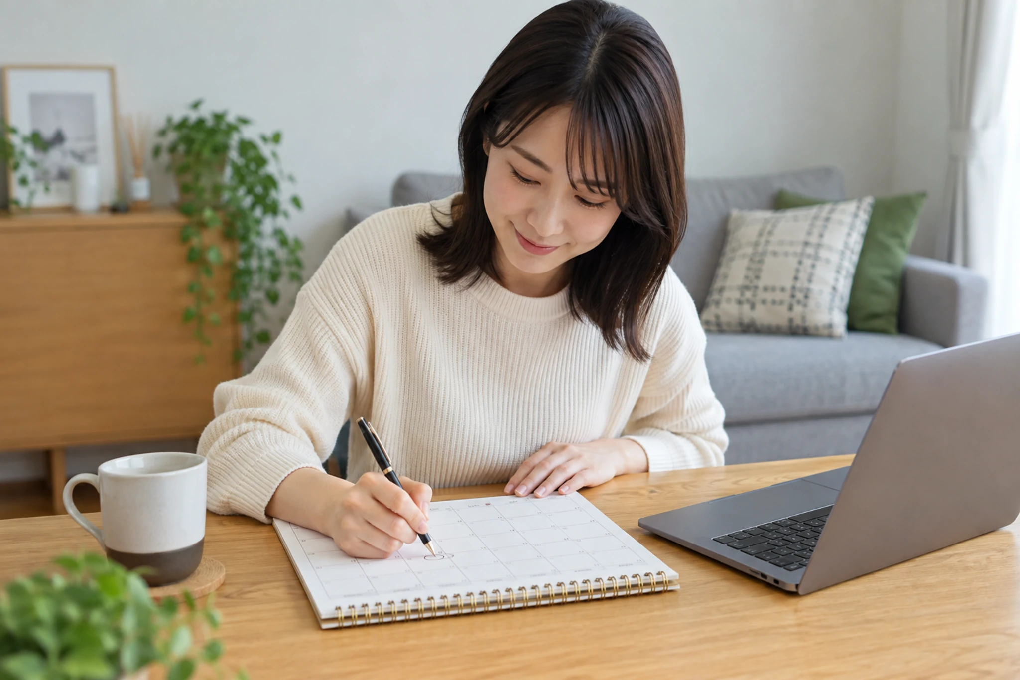 部屋のLAN端子とルーター設置場所を確認する女性