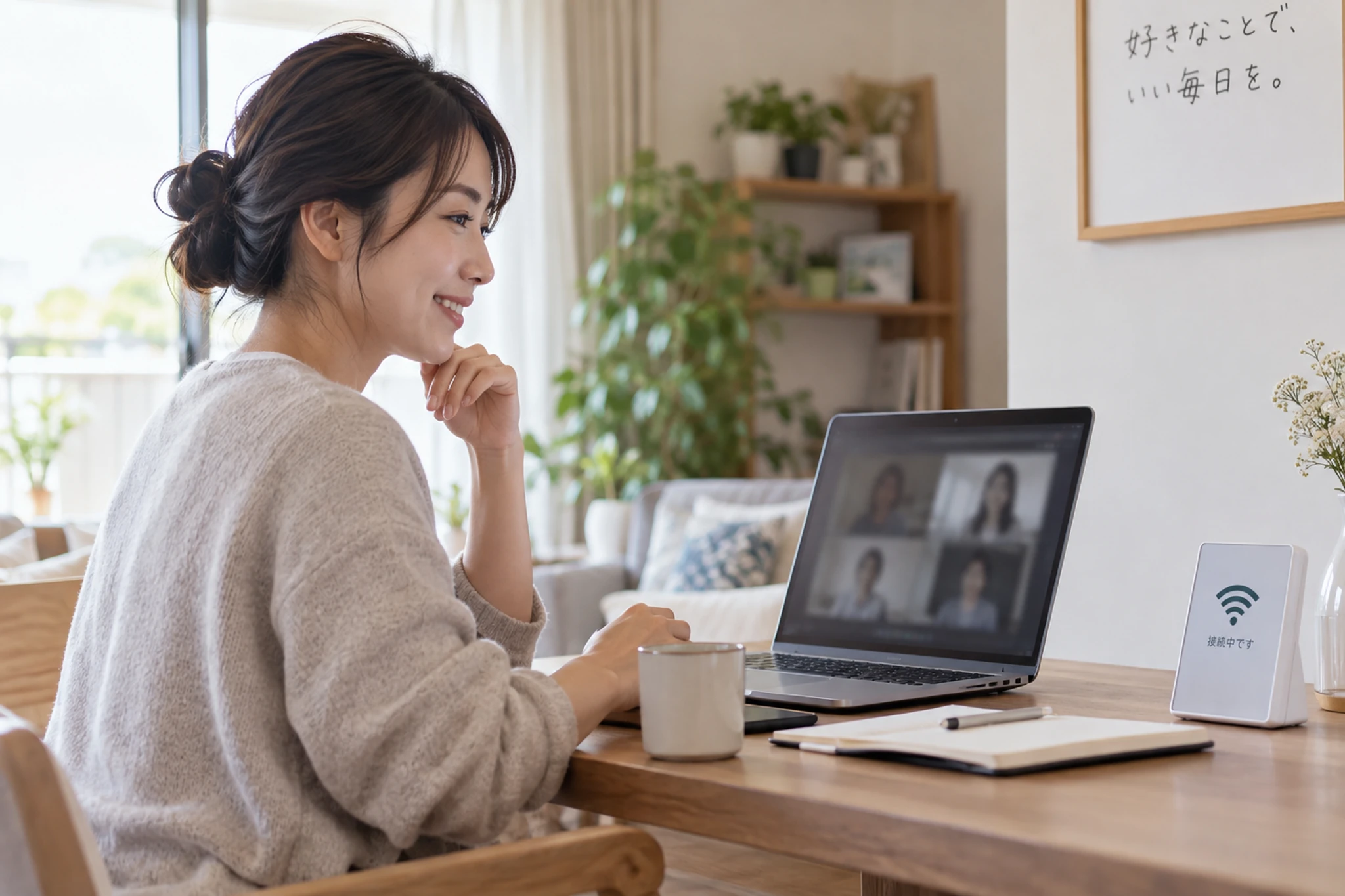 ルーターの設置場所と配線を確認する女性