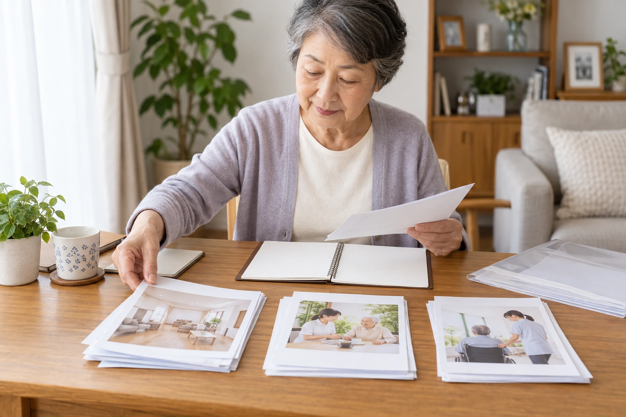 住宅型有料老人ホームの資料と費用を確認する女性