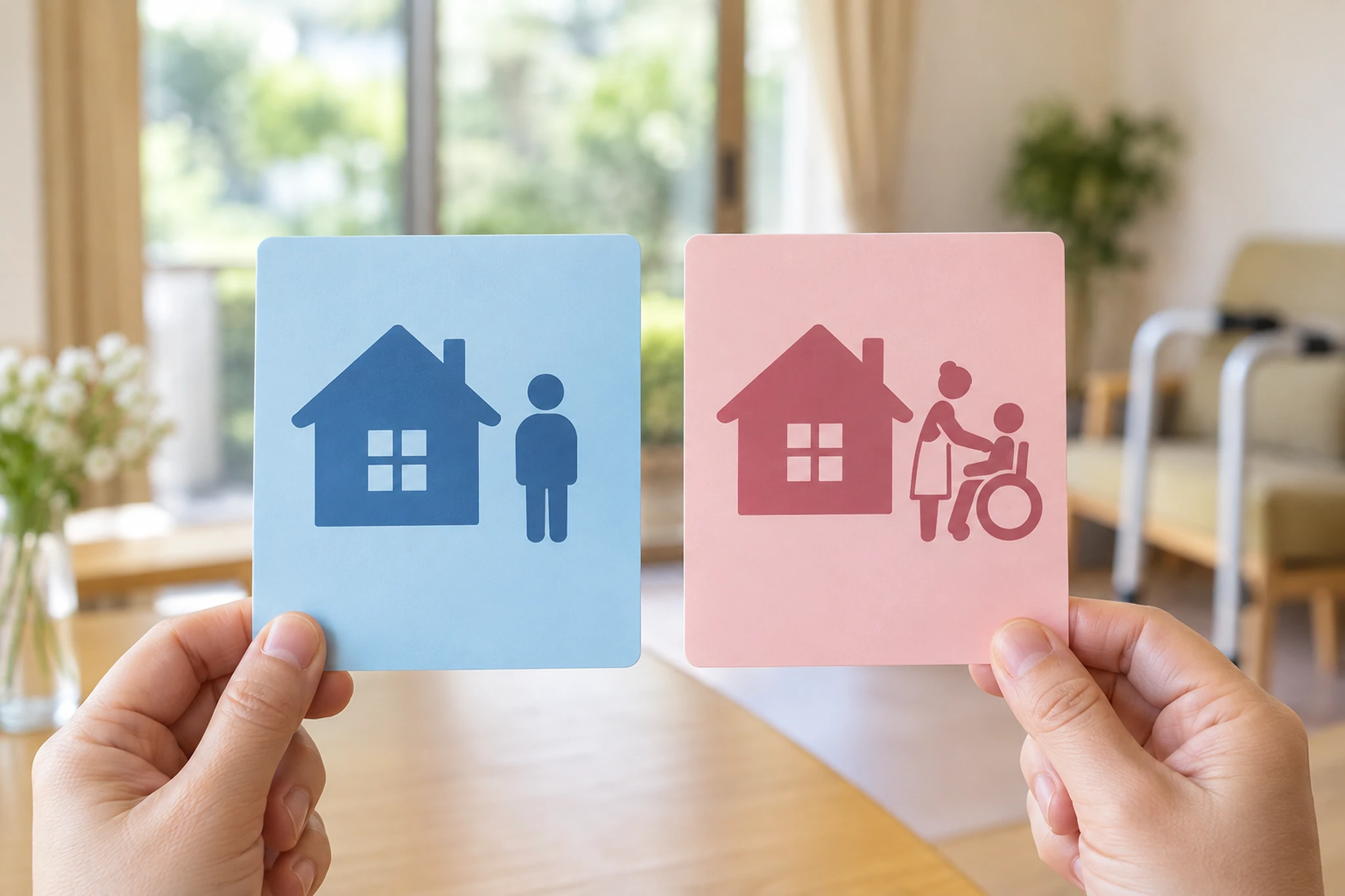 住宅型と介護付きの住まいの違いをカードで比べる手元