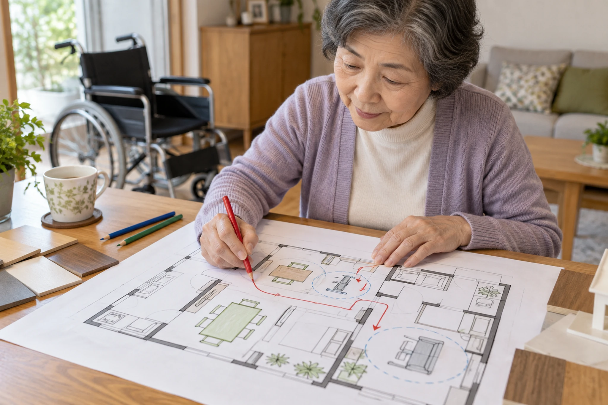 車いすの動線を間取り図で確認する女性