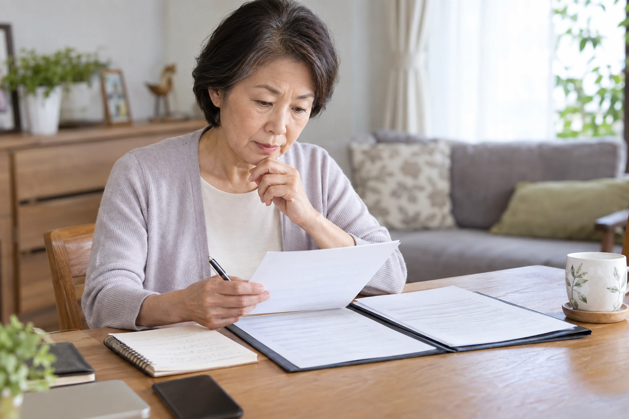 退去条件と返金の規定を契約書で確認する女性