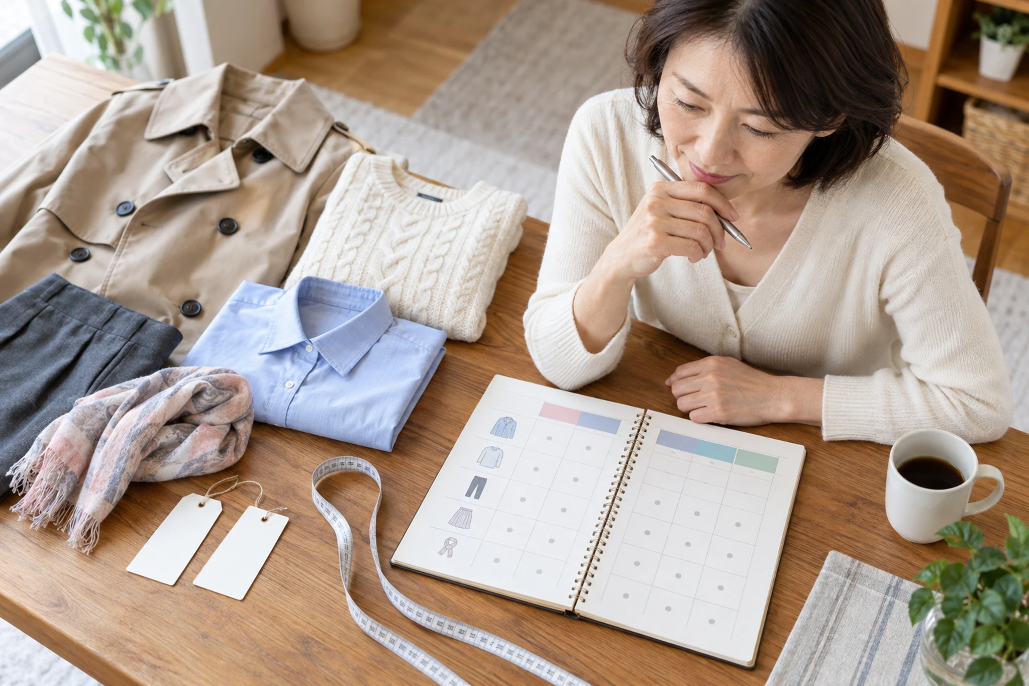 クリーニングに出す衣類を選ぶ一人暮らしの女性