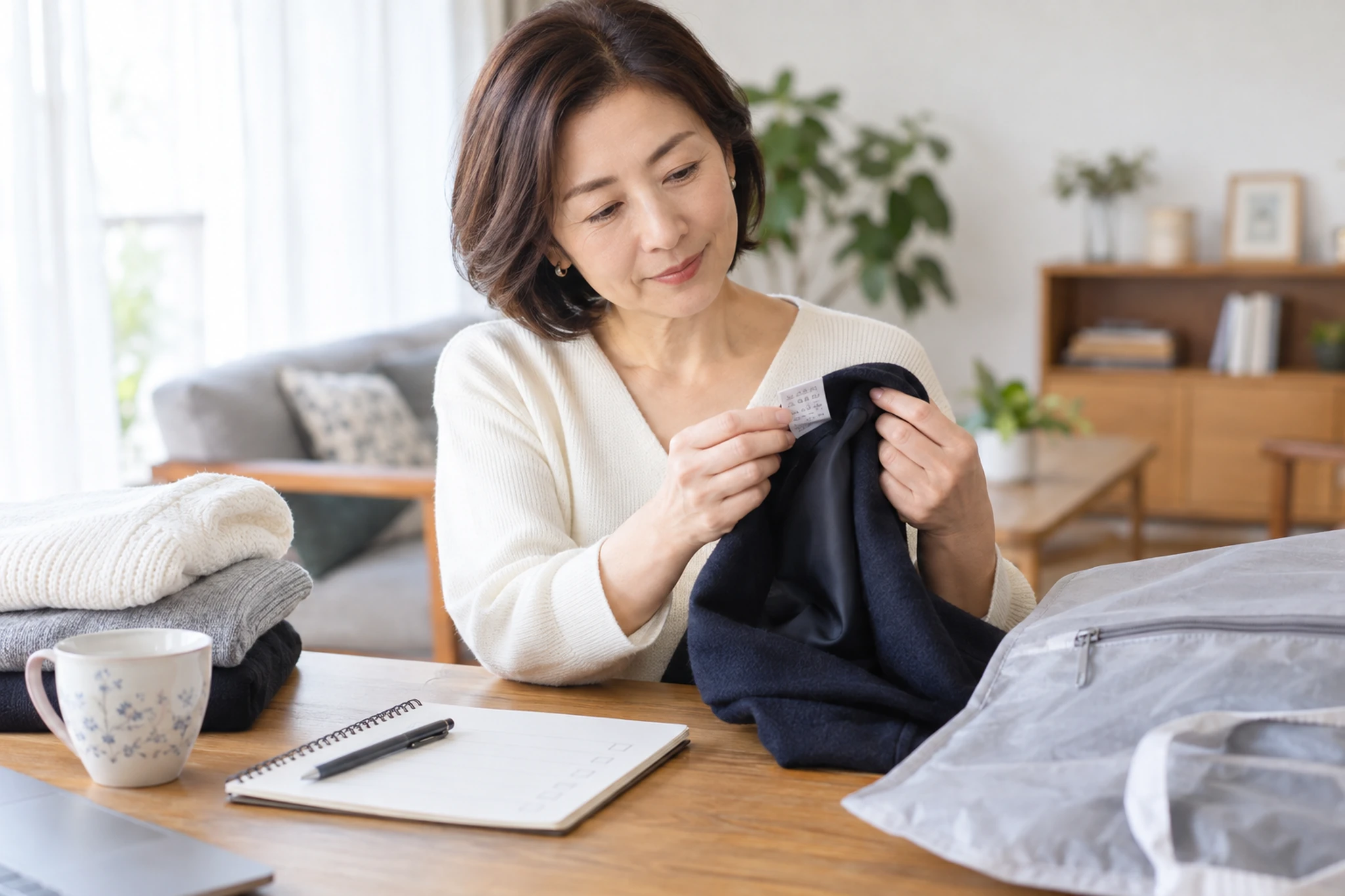 衣類の素材と洗濯表示を確認する女性