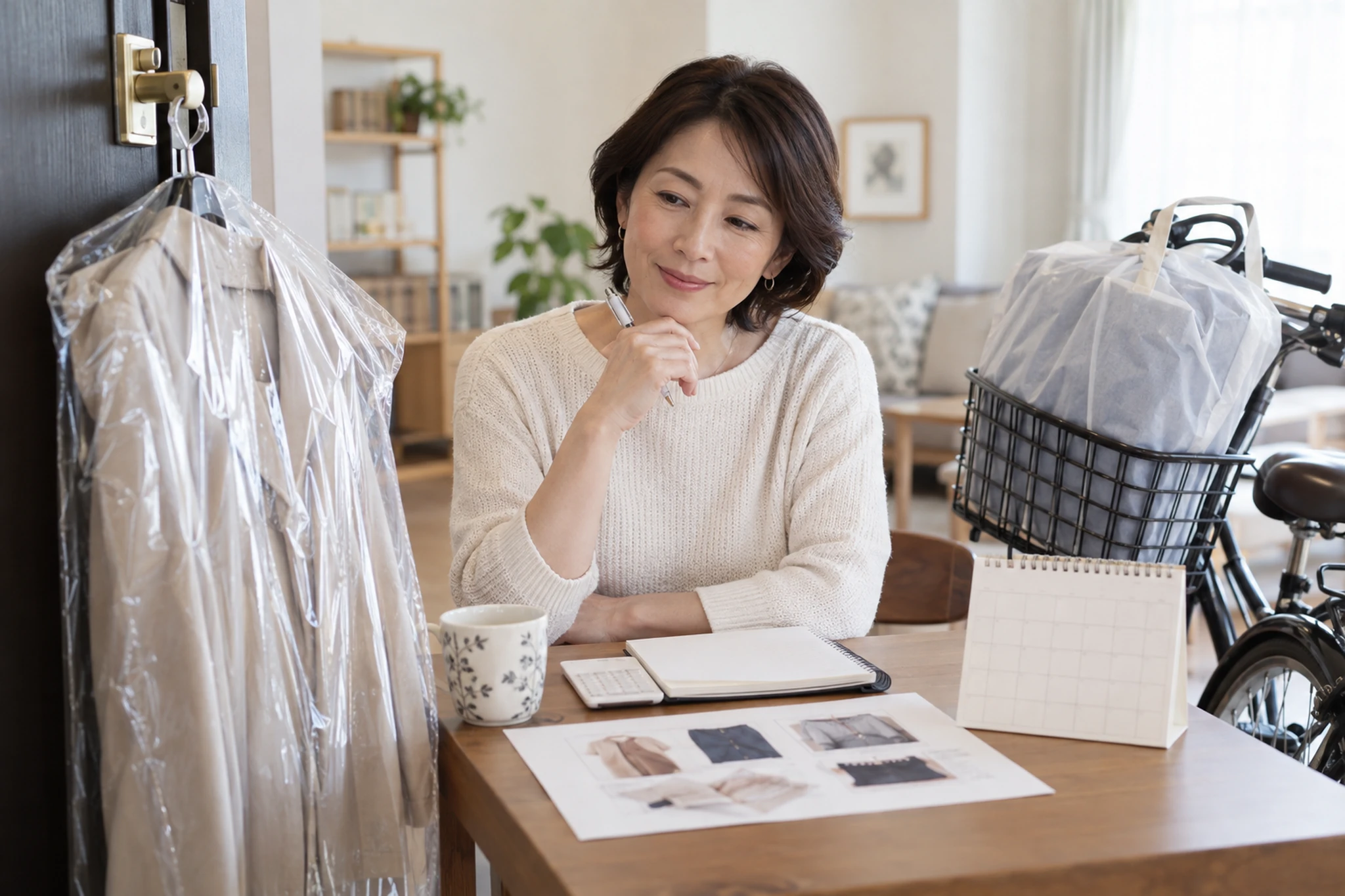 クリーニングの料金と受け渡し条件を比較する女性