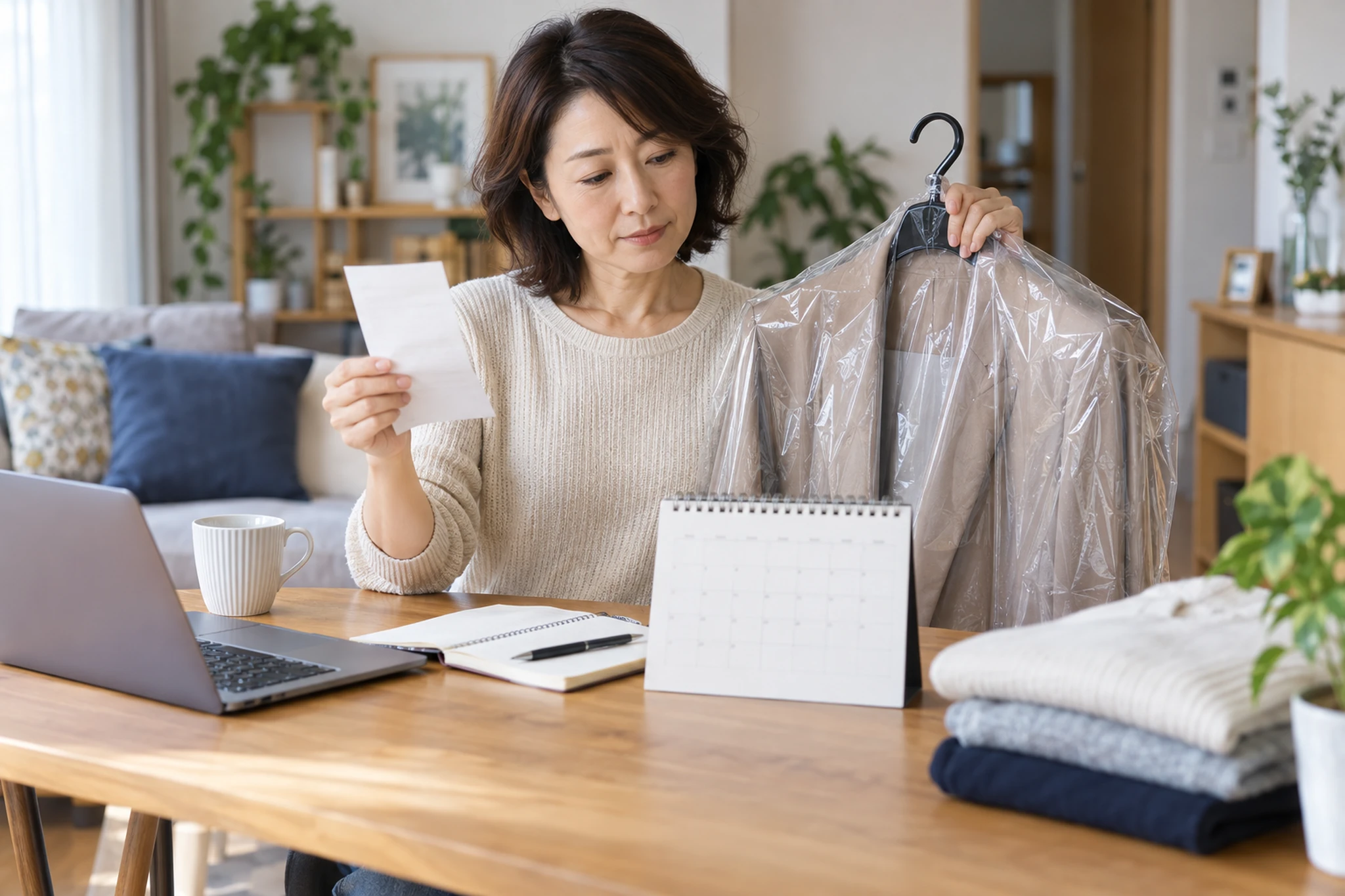 クリーニングの仕上がり日と受け取り予定を確認する女性