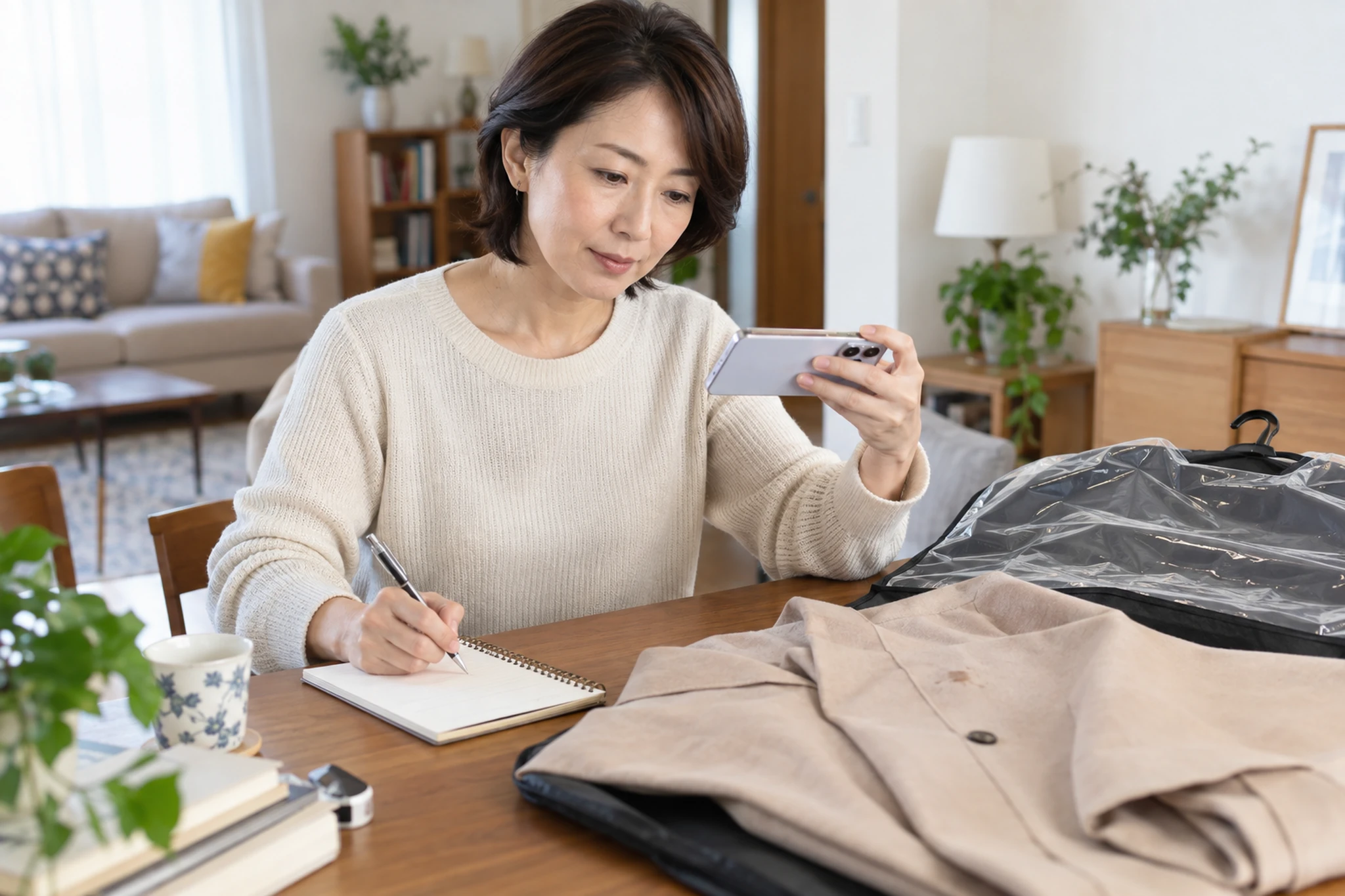 クリーニング後のコートを保管する女性