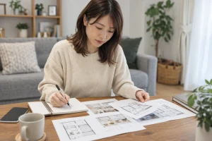 1DKの間取り図と家具の配置を確認する一人暮らしの女性