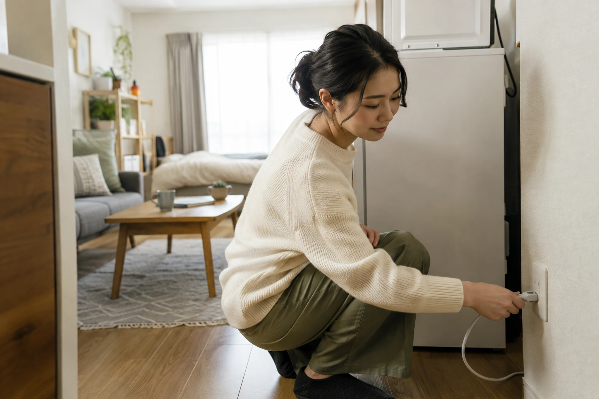 一人暮らしの女性が1DKの間取り図とメジャーを確認している