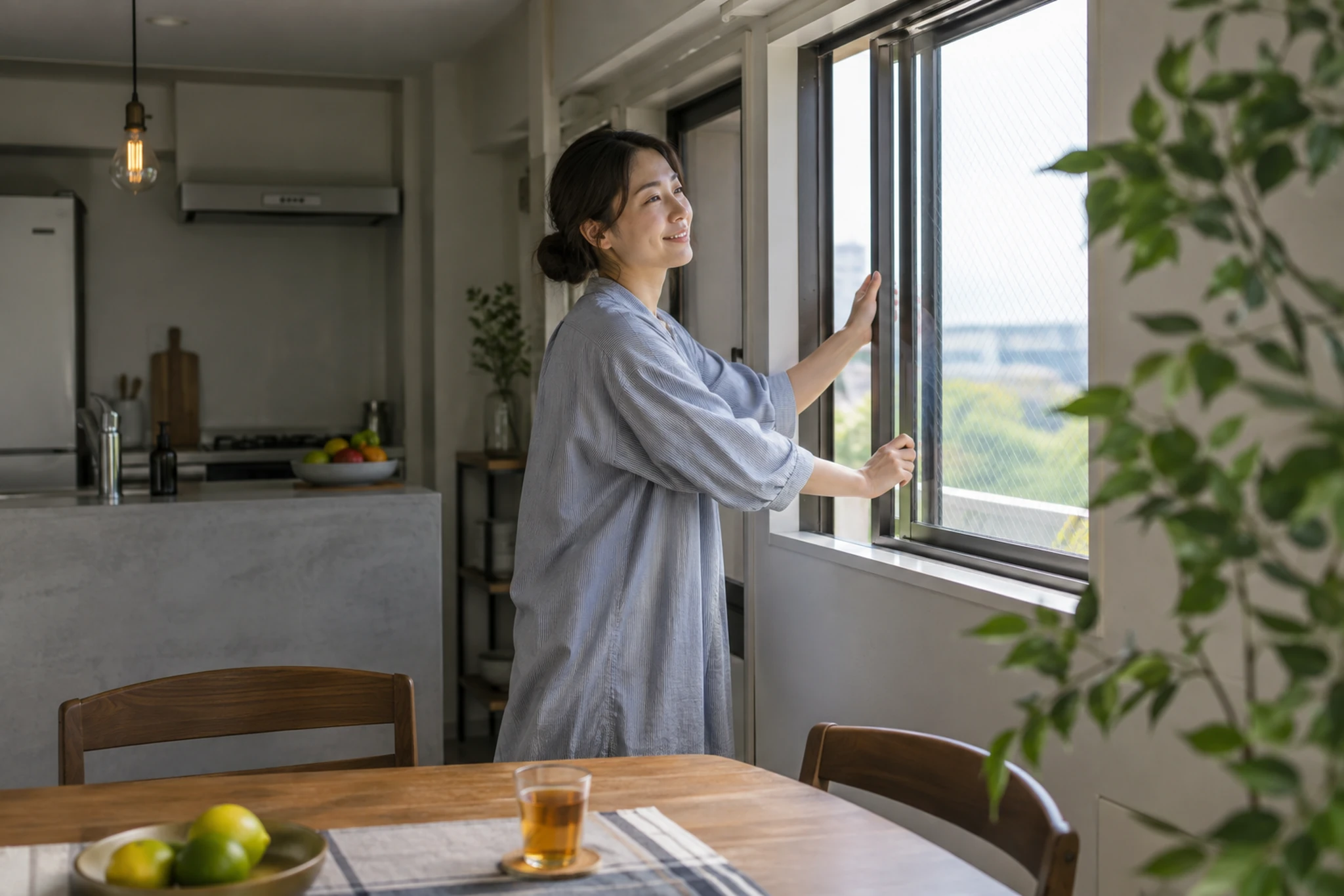 1DKの部屋で食卓とベッドの間の歩く動線を確認する俯瞰イメージ
