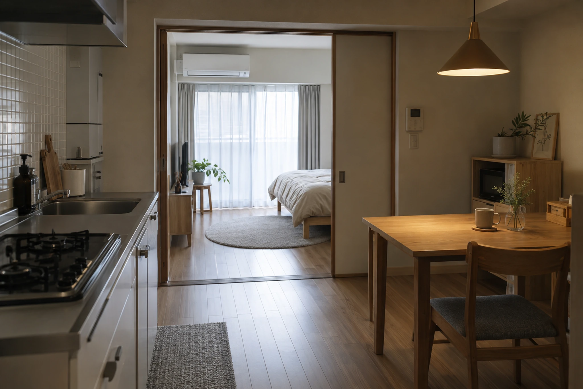 入居前の部屋で床に家具の大きさをテープで示して確認する女性
