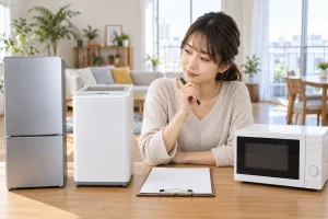 一人暮らしの家電セットと単品買いを比較する女性