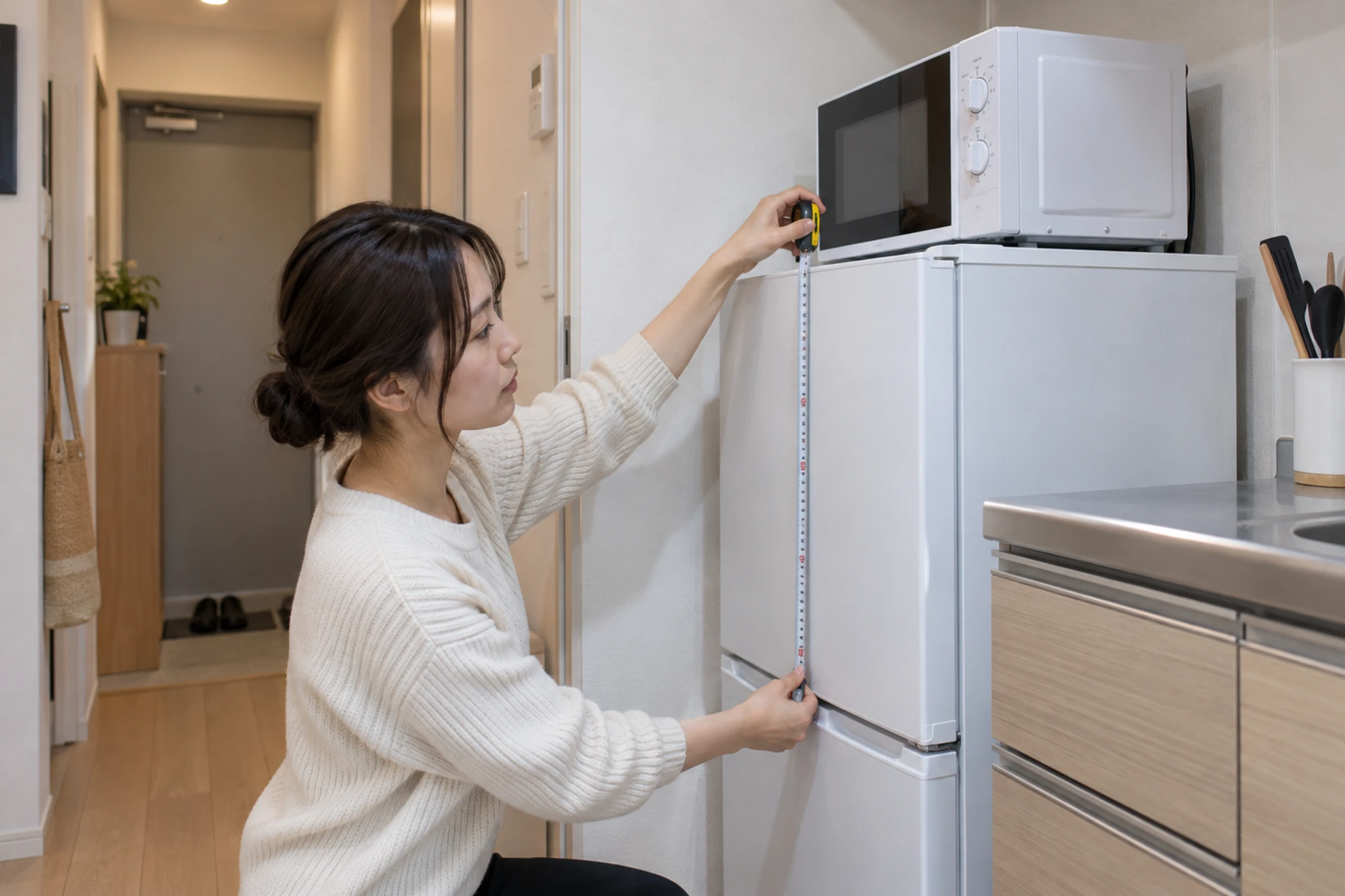 一人暮らしの家電を比較する女性