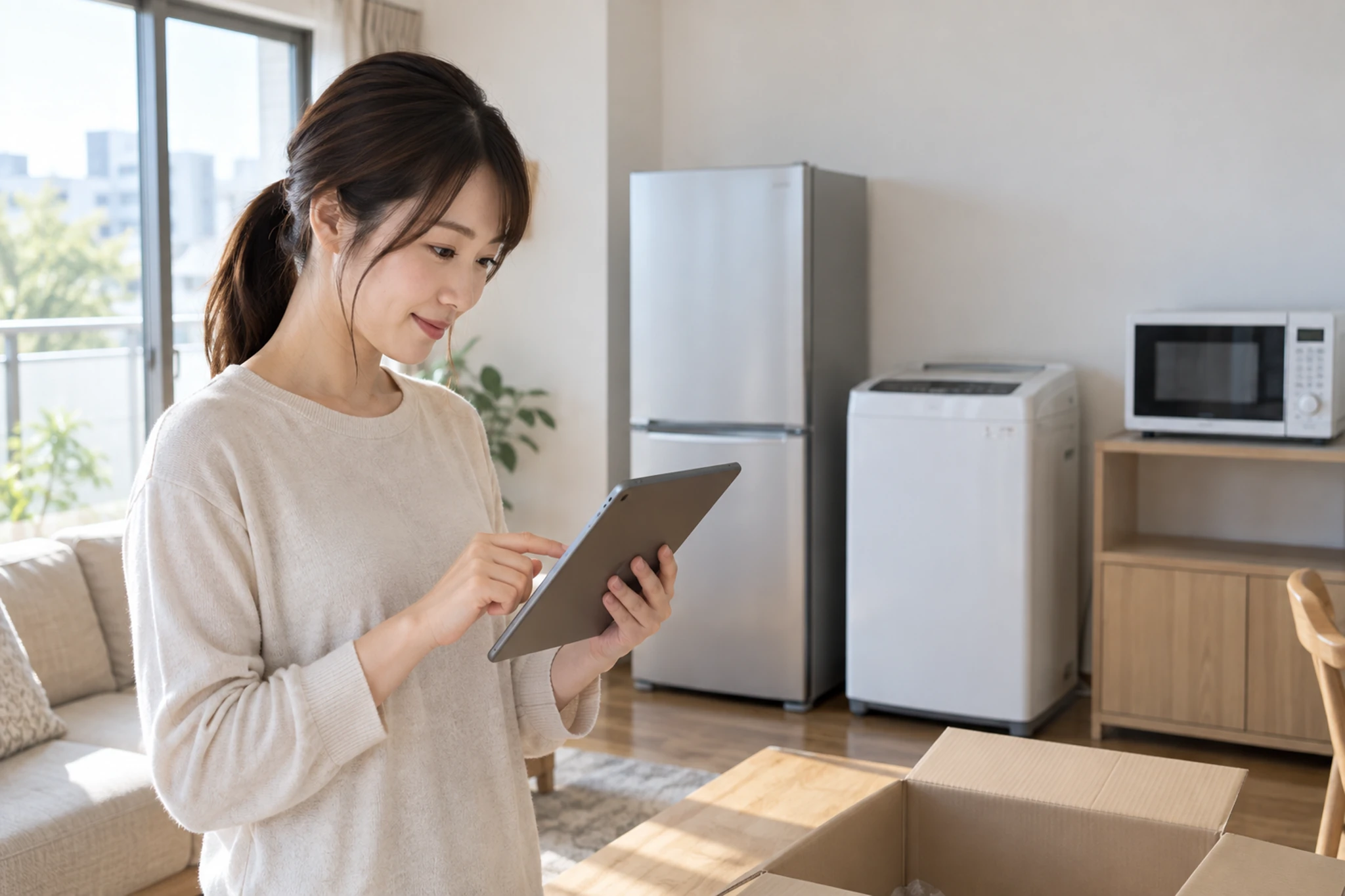 冷蔵庫と電子レンジの寸法を測る女性