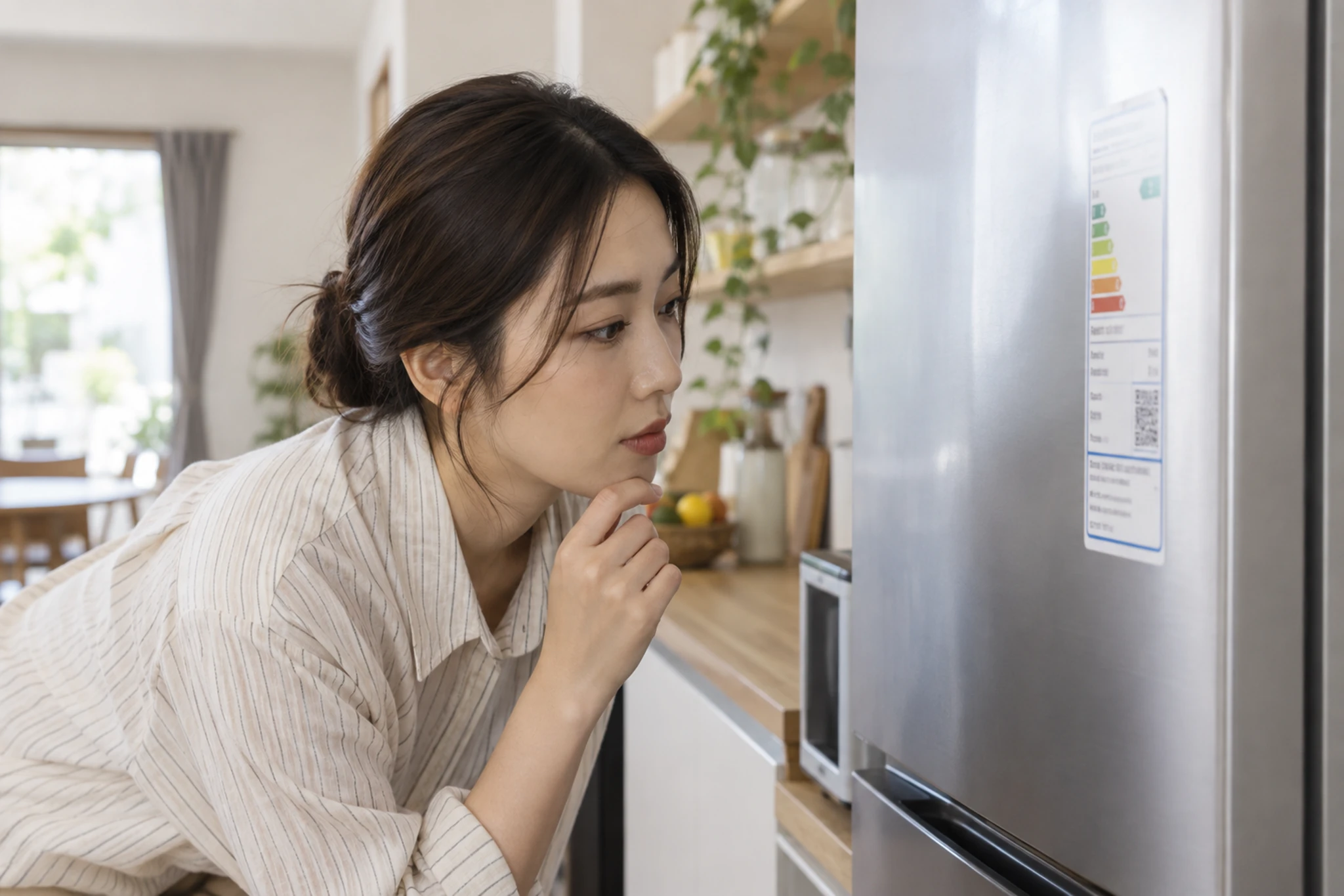 家電の省エネラベルを確認する女性