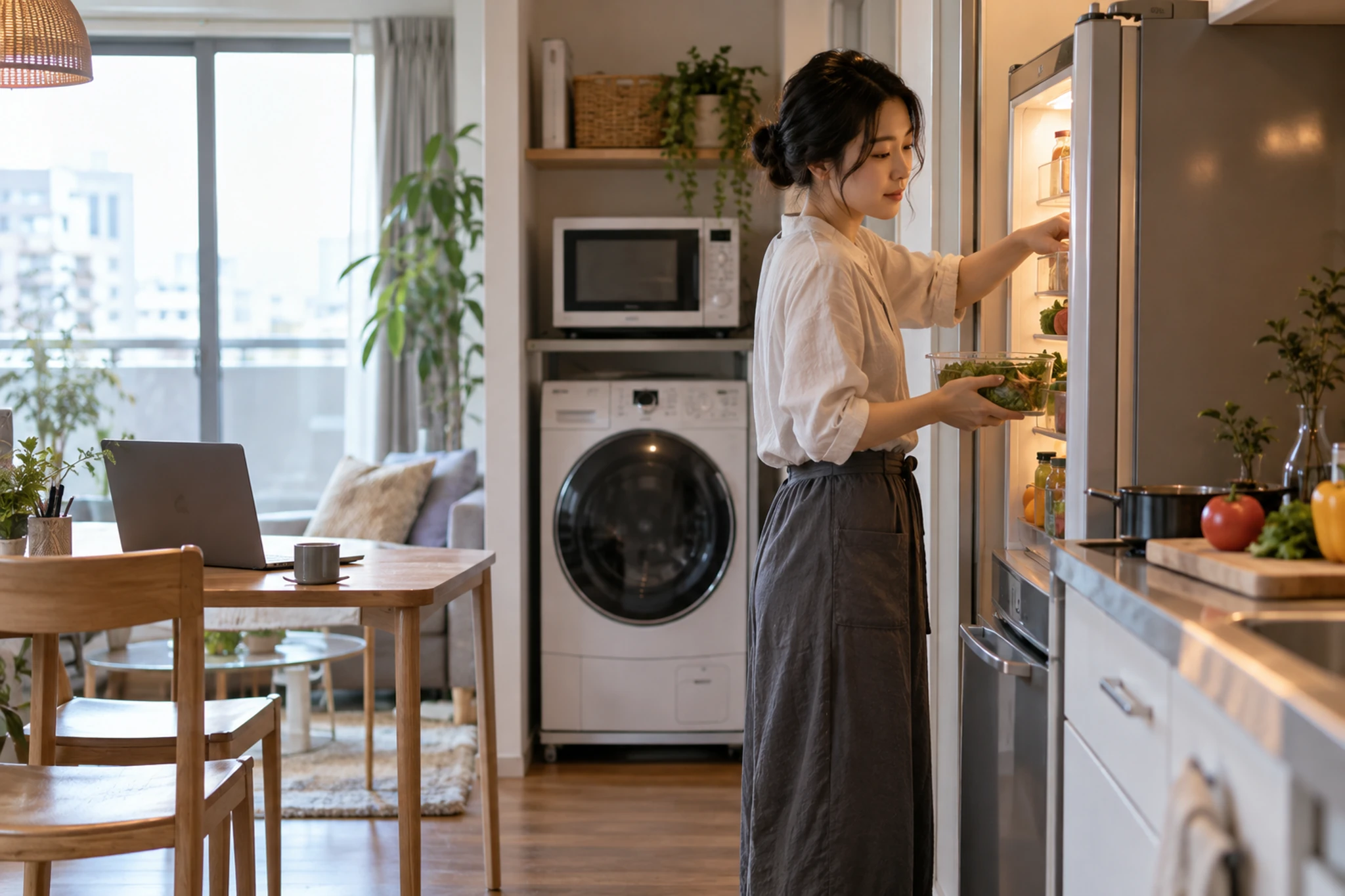 家電の使い方を一人暮らしの生活に合わせて考える女性
