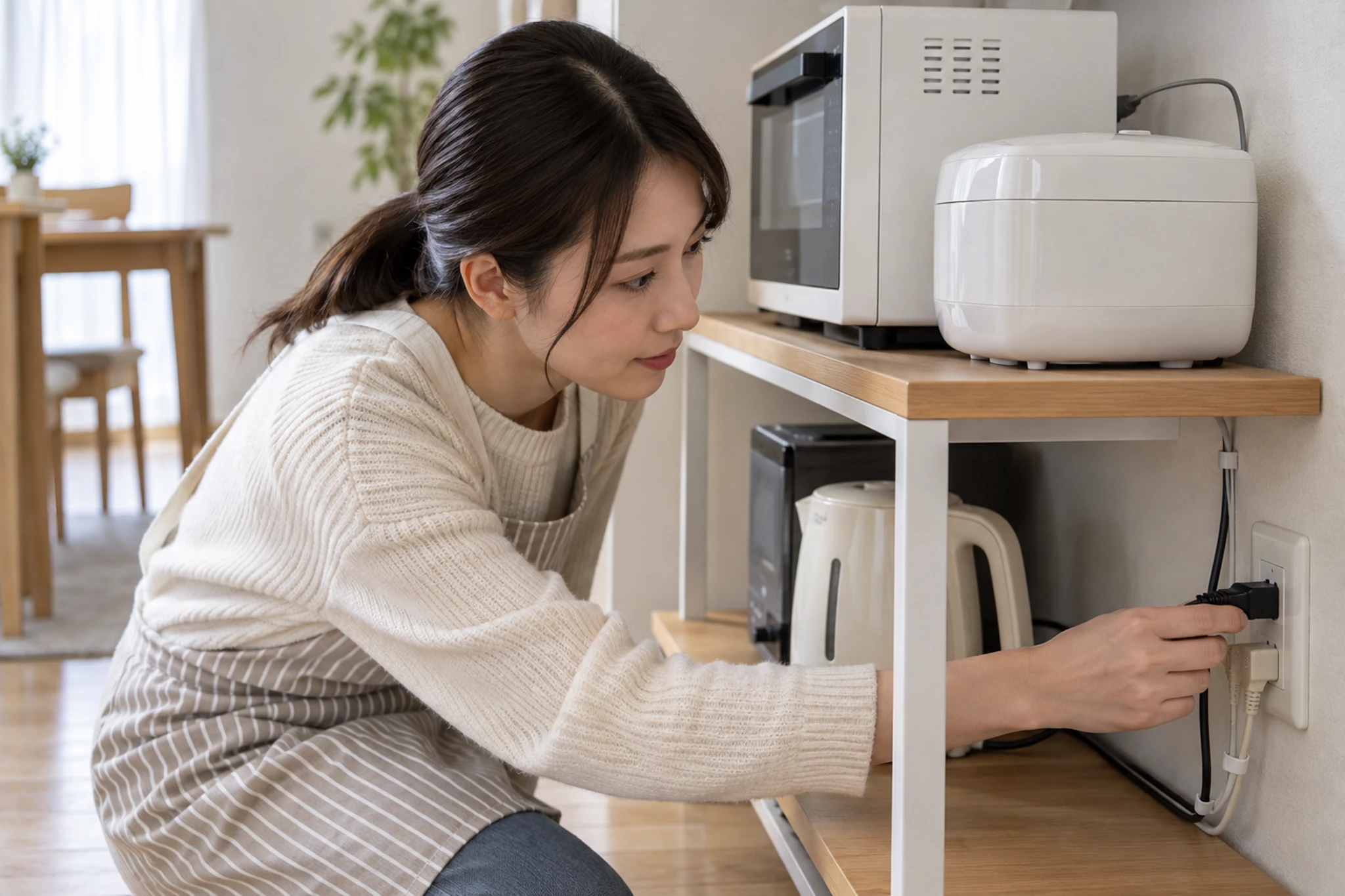 家電のコンセントと設置場所を確認する女性