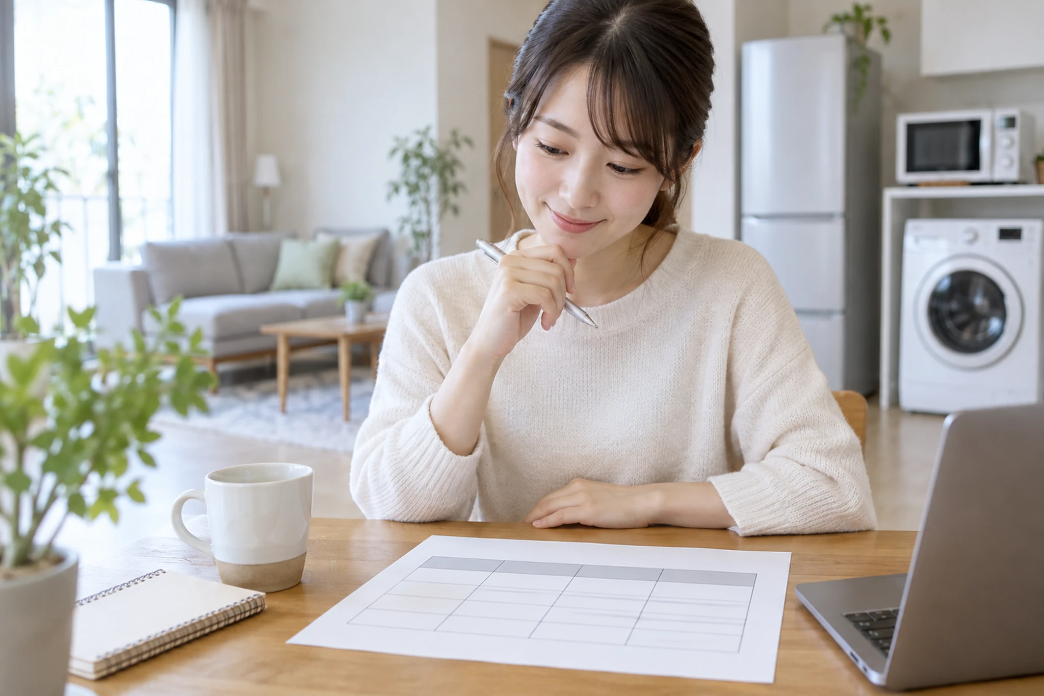 家電セットと単品買いの比較表を確認する女性