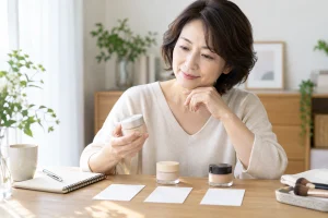 50代の女性がファンデーションを比較する様子