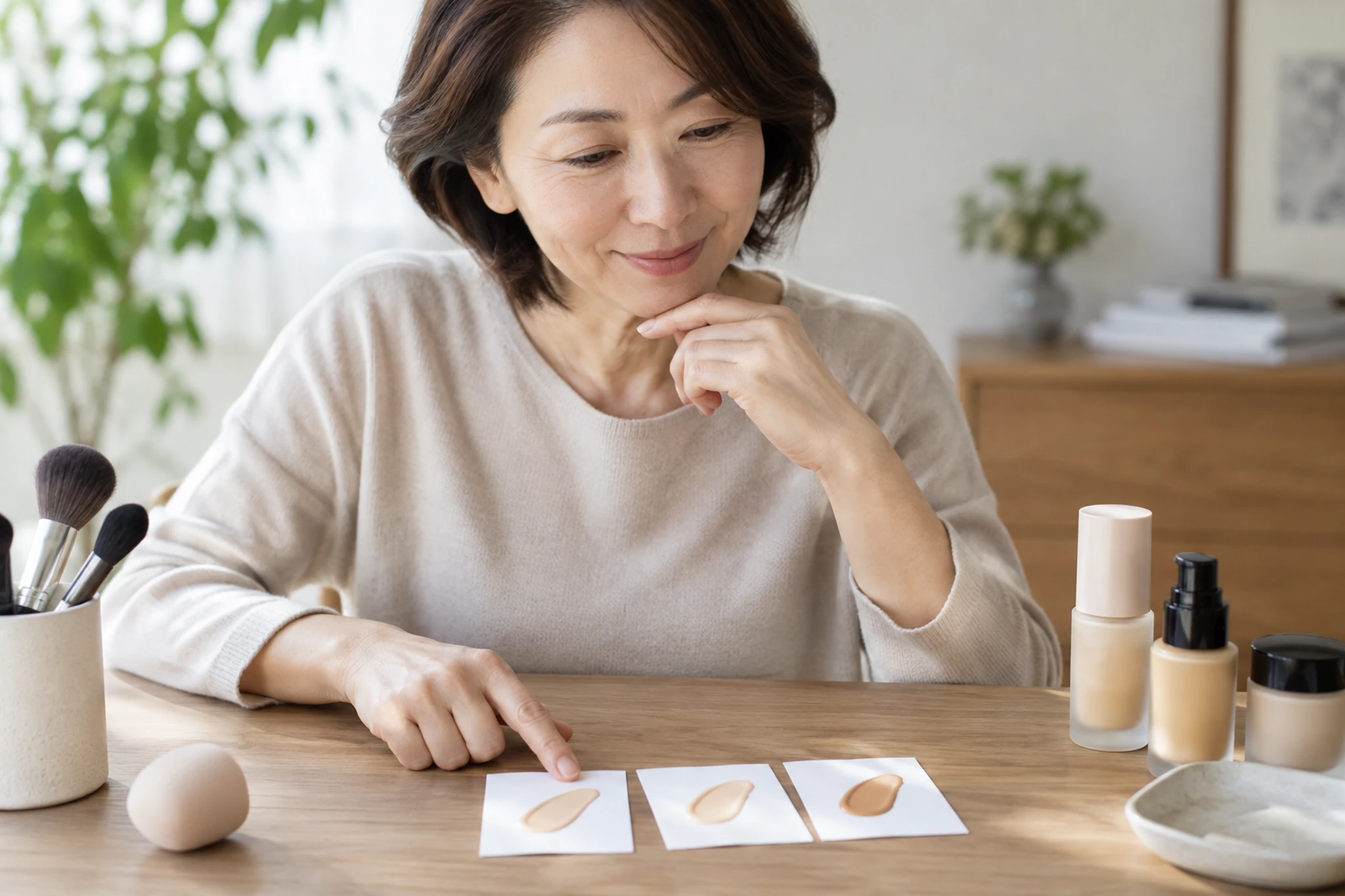 50代の女性がファンデーションを比較する様子