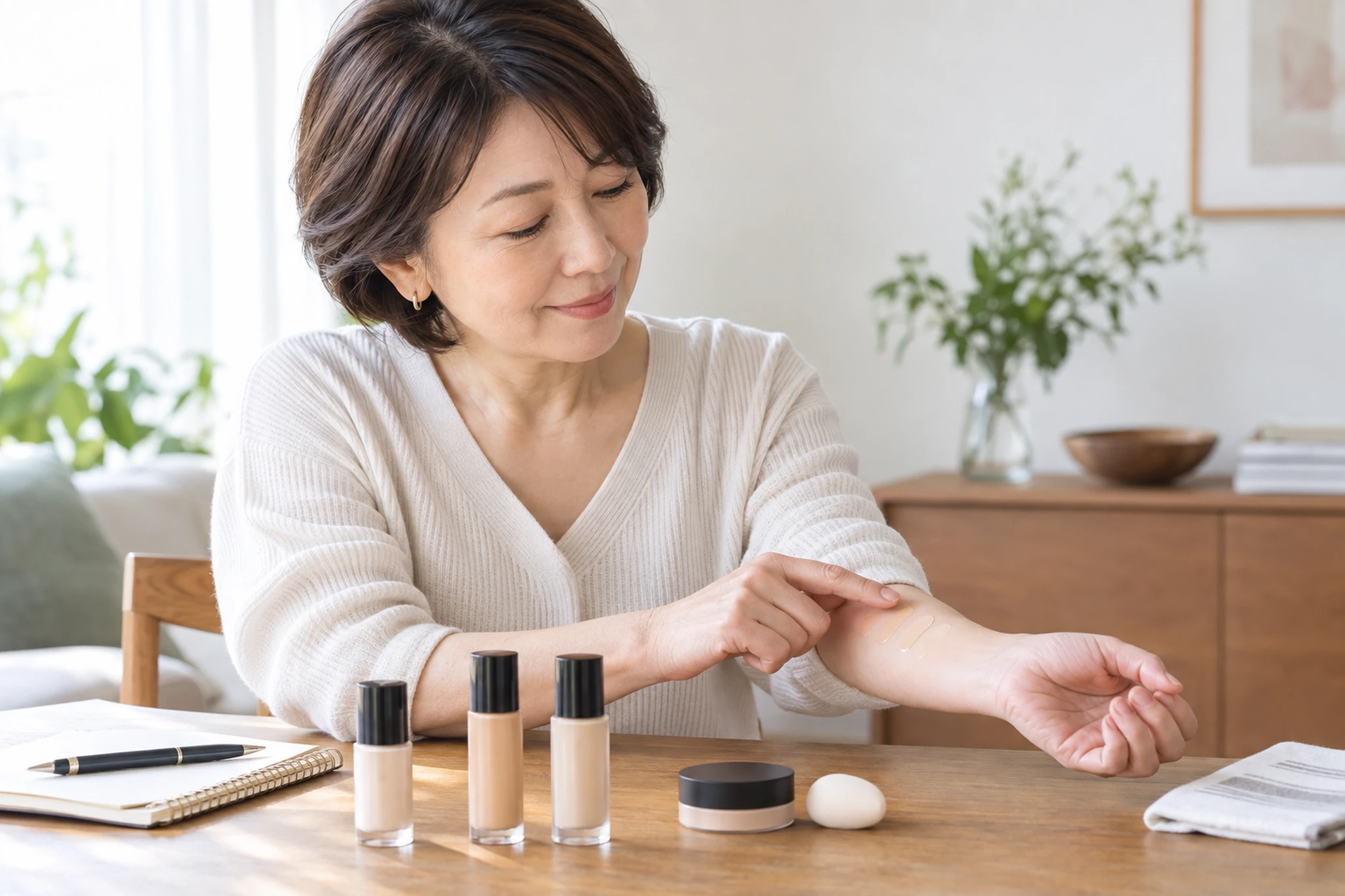ファンデーションの色を腕で確認する女性