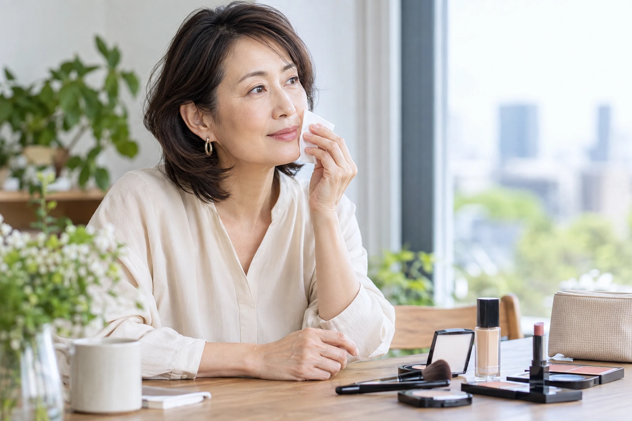 ファンデーションを直す道具を準備する女性