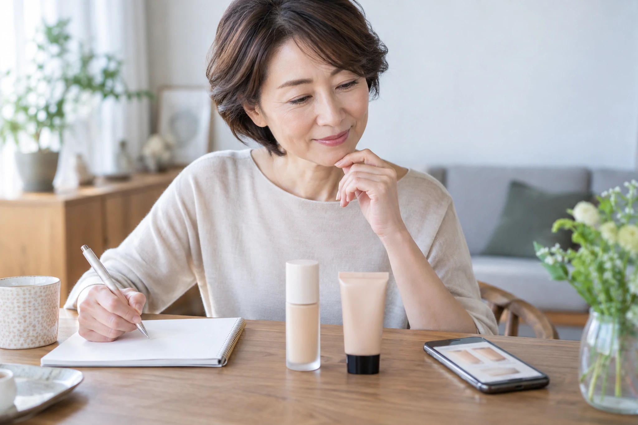 ファンデーションの予算と使用期間をメモする女性