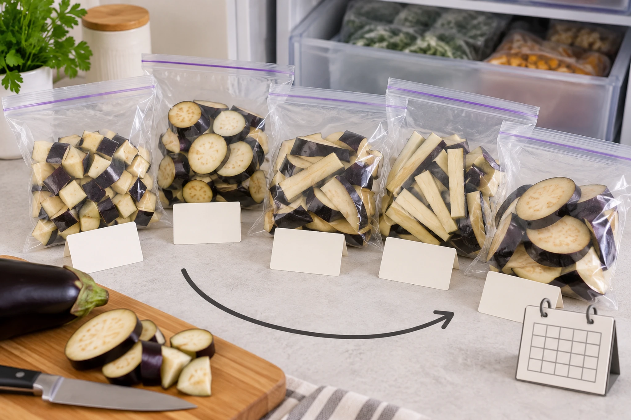 切ったなすを一食分ずつ小分けする編集イメージ
