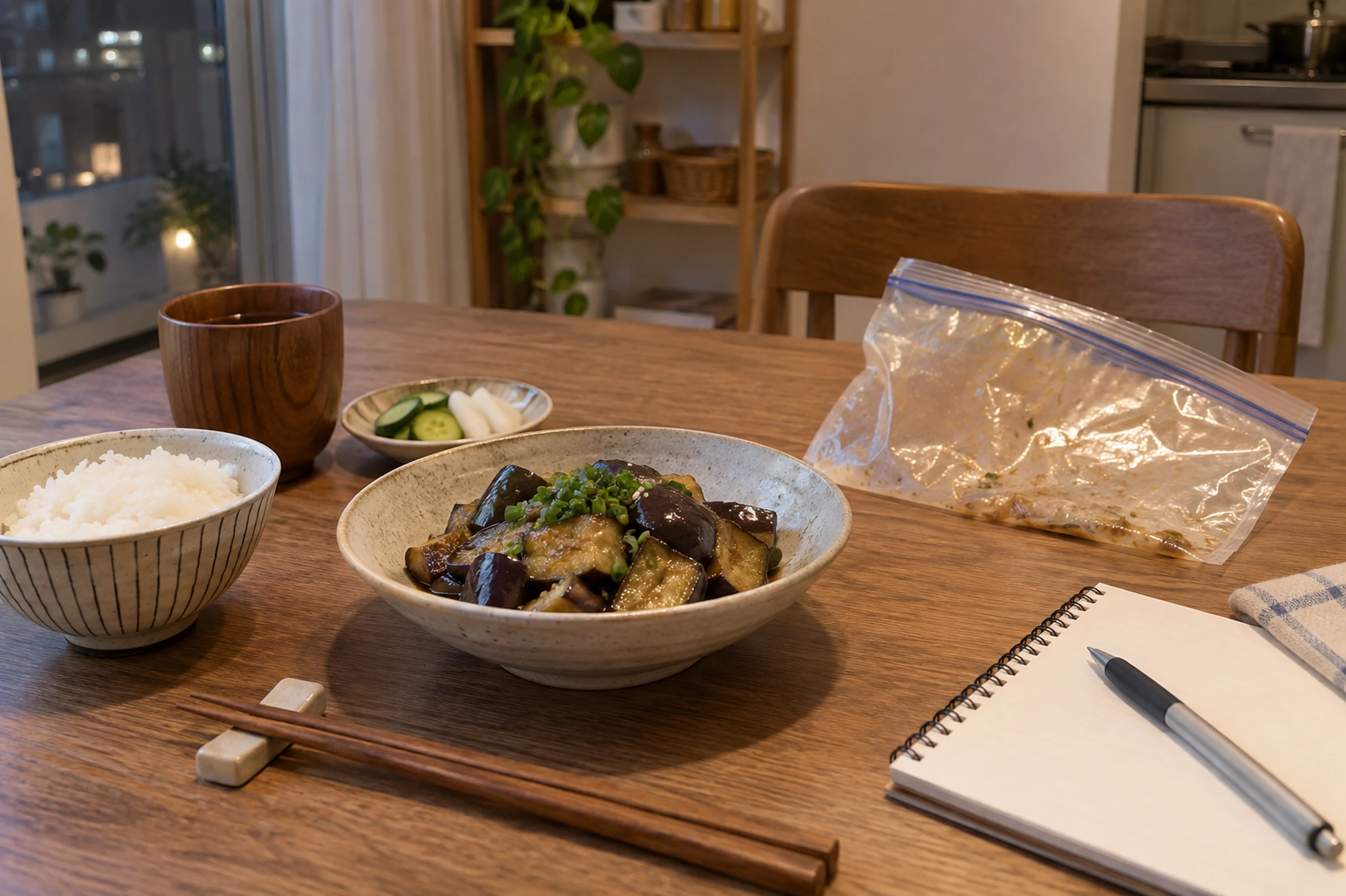 冷凍なすを使った一人分の食卓の編集イメージ