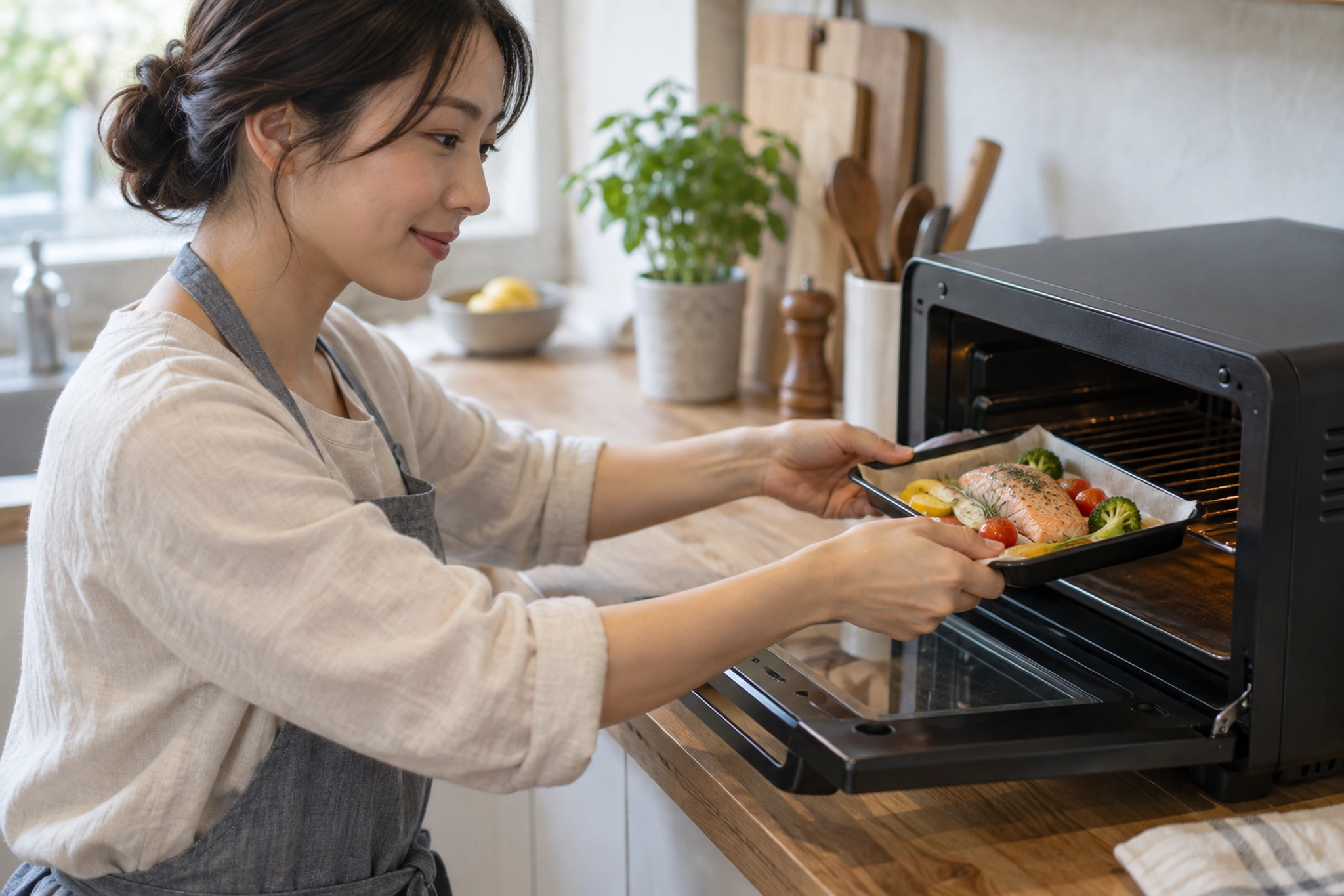 一人分の料理を角皿に載せてオーブンへ入れるイメージ