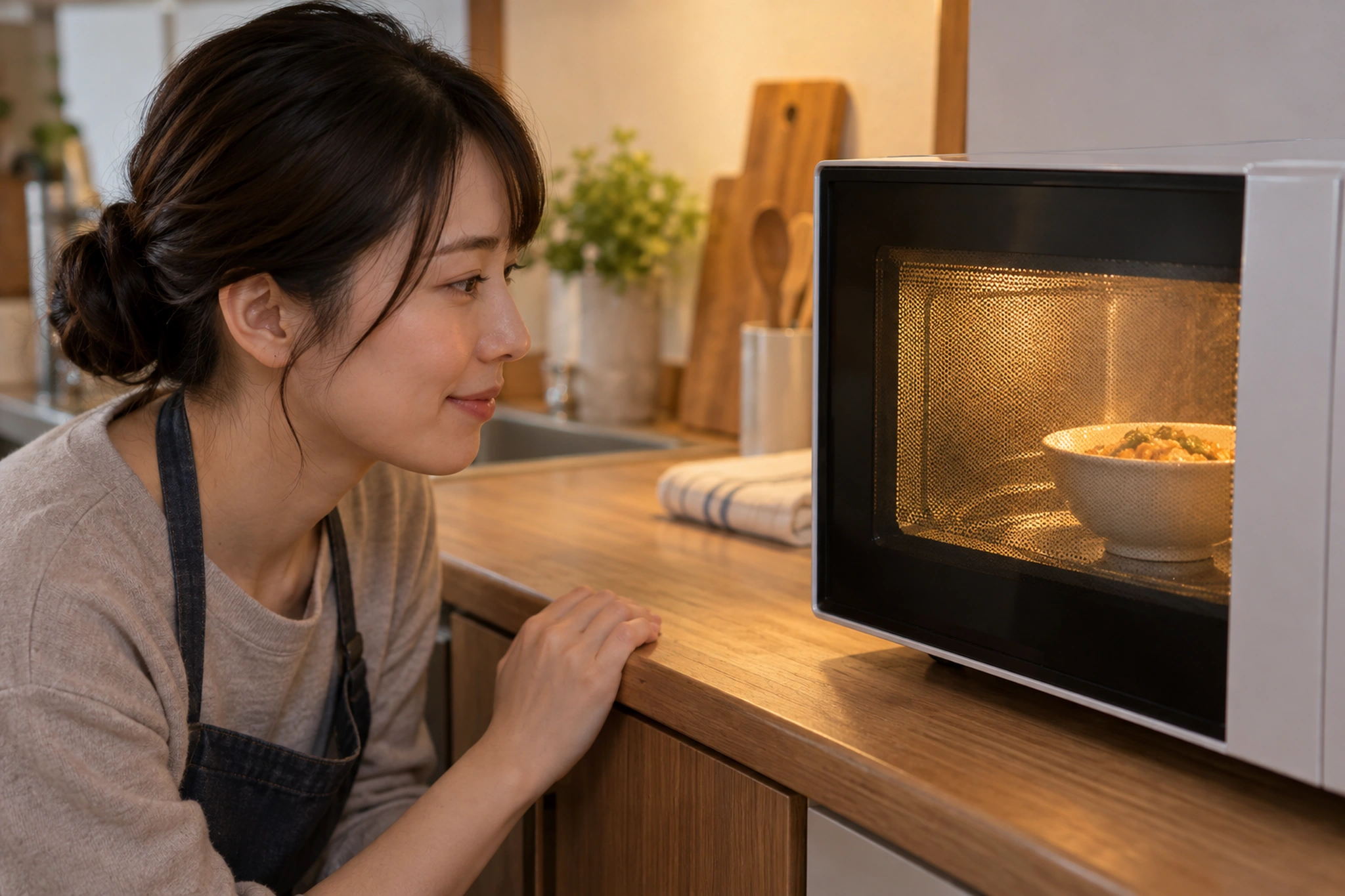 一人分の料理をオーブンレンジで温めるイメージ