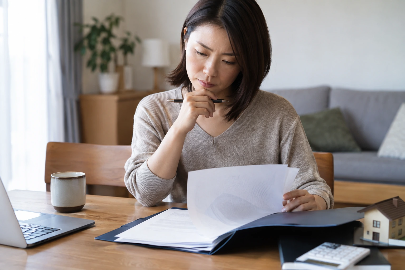 住宅ローンの契約書をすぐ署名せず確認する場面