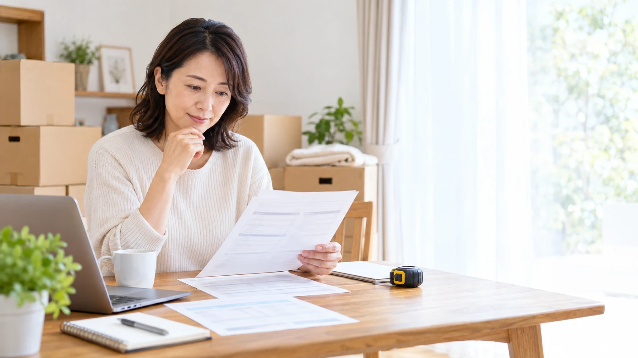 引越しの見積書を確認する一人暮らしの女性