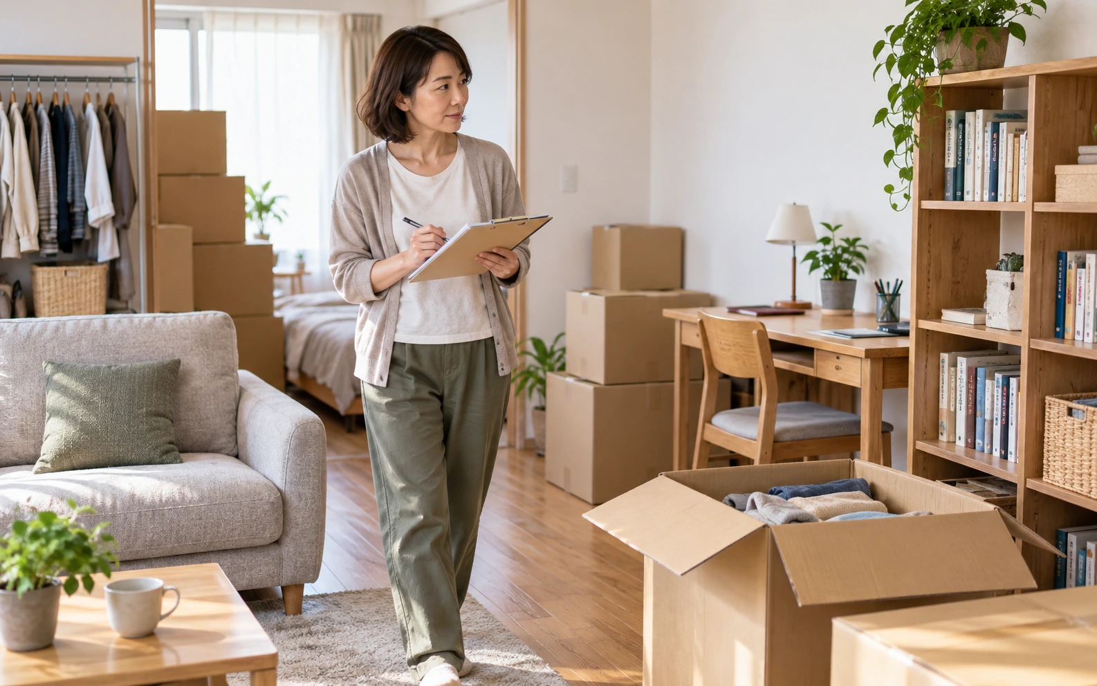 部屋の荷物を確認しながら見積もり用の一覧を作る女性