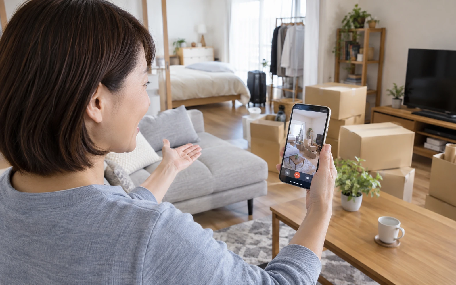 部屋の荷物をスマートフォンで見せてオンライン見積もりを受ける女性