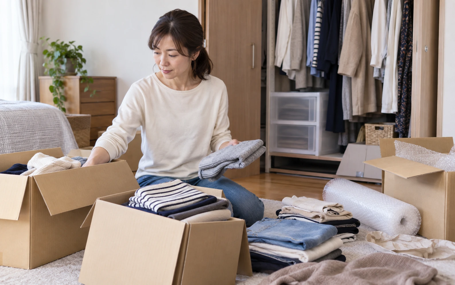 荷造りを自分で行う範囲を分ける女性