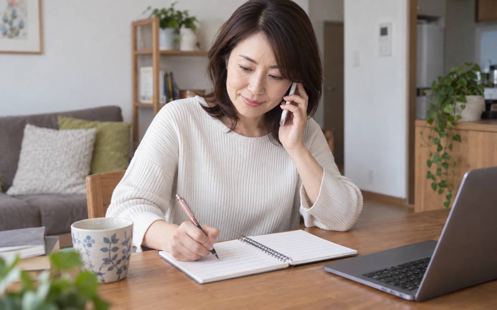 引越しの条件を電話で伝えながらメモする女性
