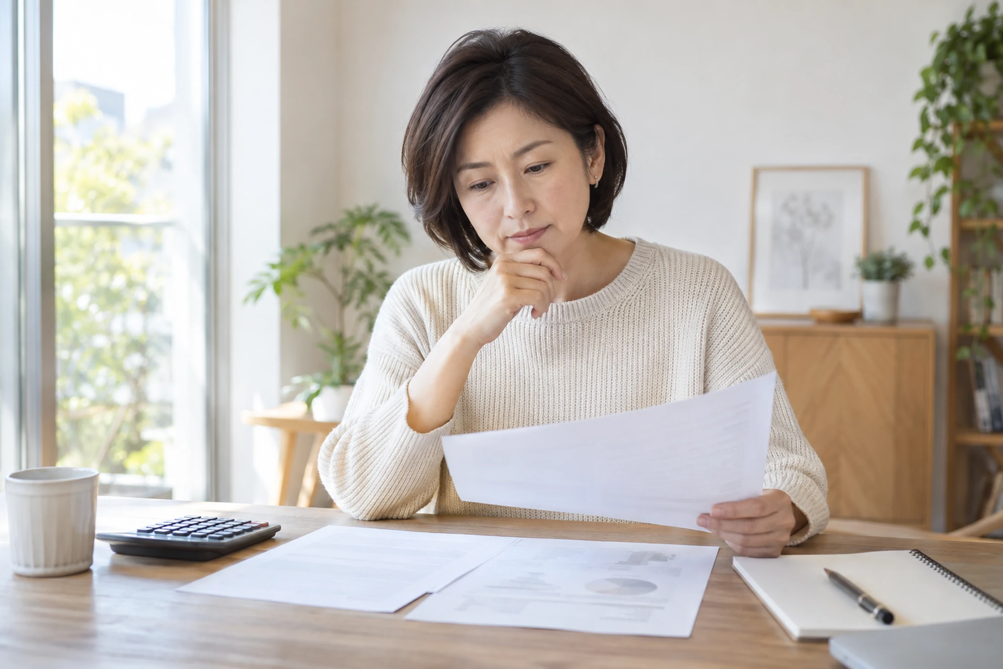 一人暮らしの女性がNISAの資料を確認する場面