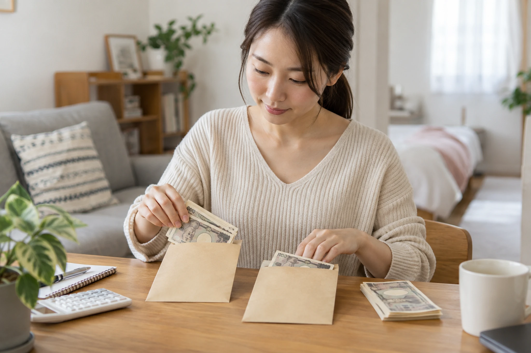 生活費と投資に回すお金を別々の封筒に分けるイメージ