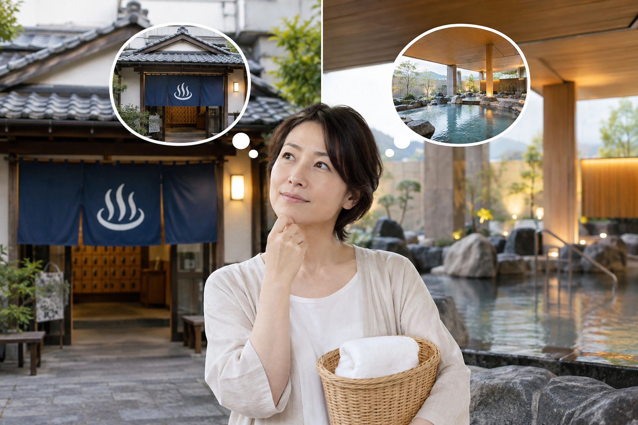 銭湯とスーパー銭湯の違いを比べて行き先を選ぶ場面
