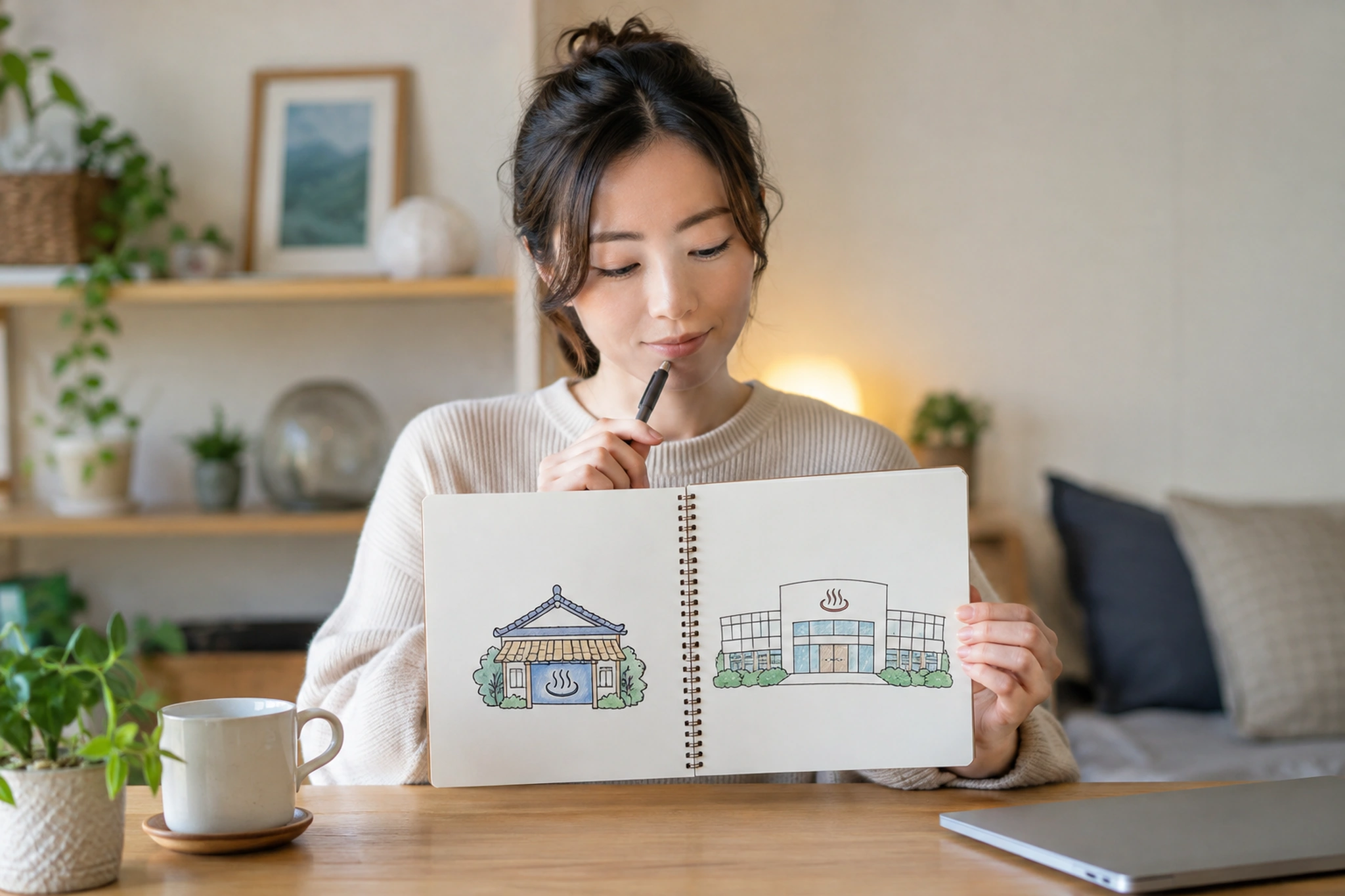 二つの入浴施設を条件で比べる場面