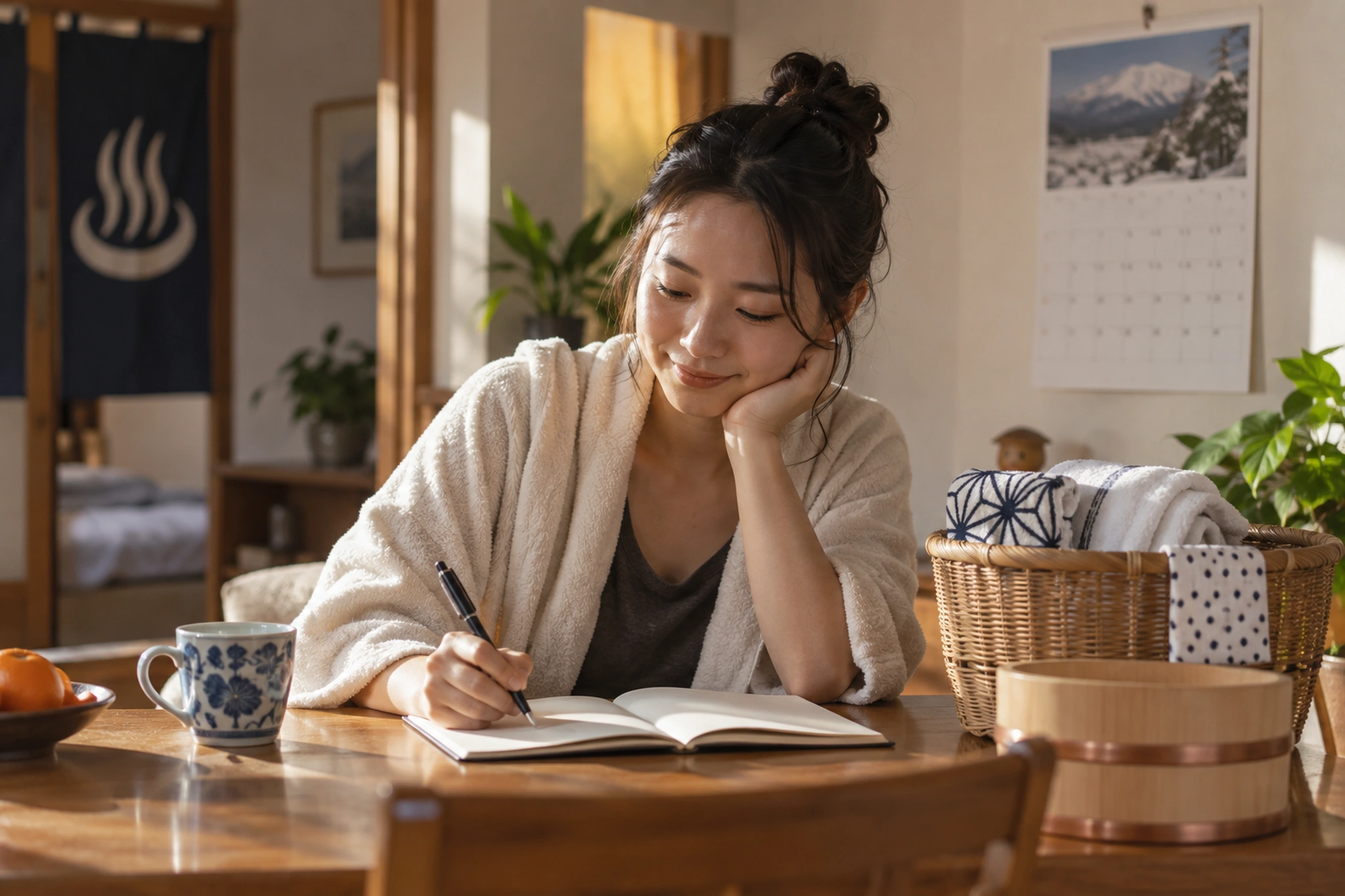 入浴後の感想と費用を振り返る場面