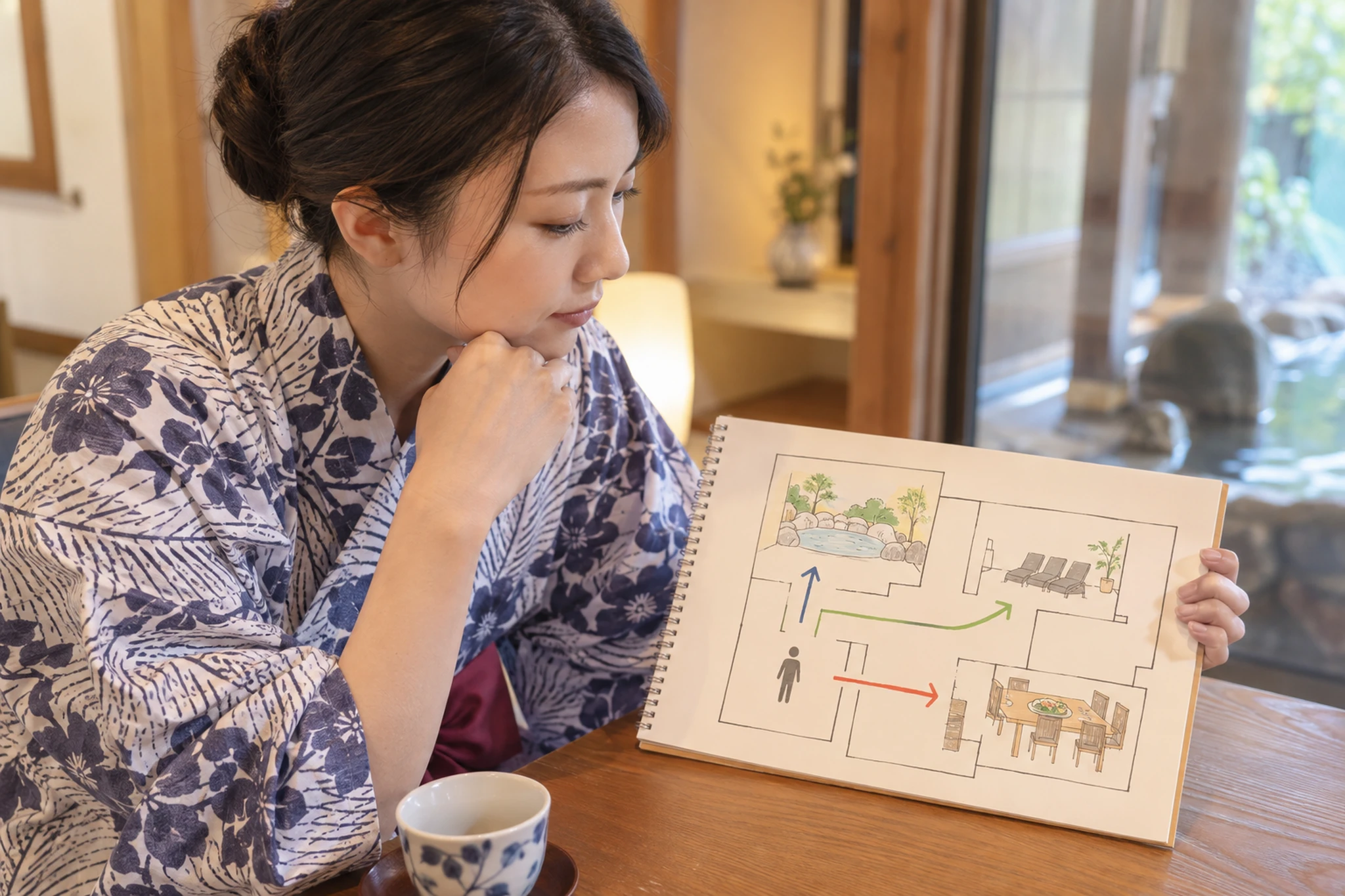 浴室・休憩・食事の動線を比べる場面