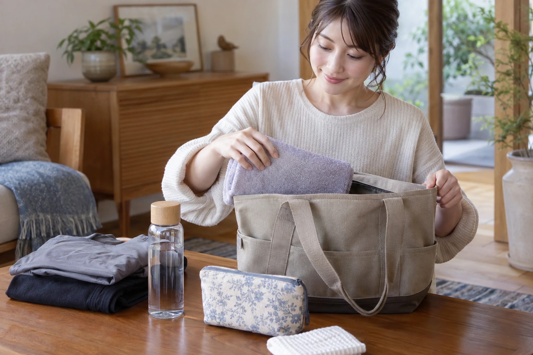 日帰り温泉の荷物を準備する場面