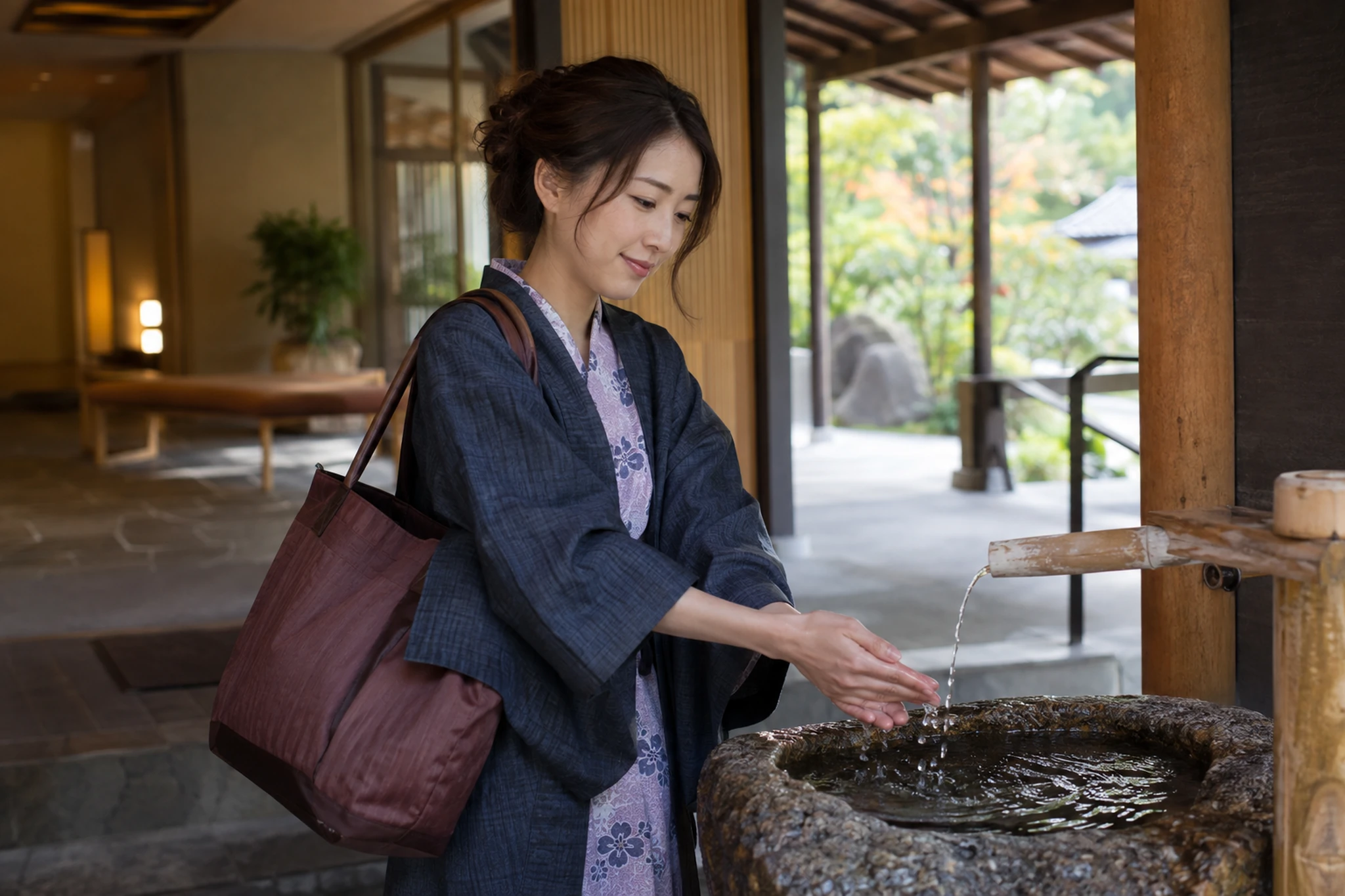 入浴施設を出る準備をする場面