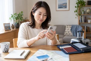 パスポート申請情報を確認する日本人女性