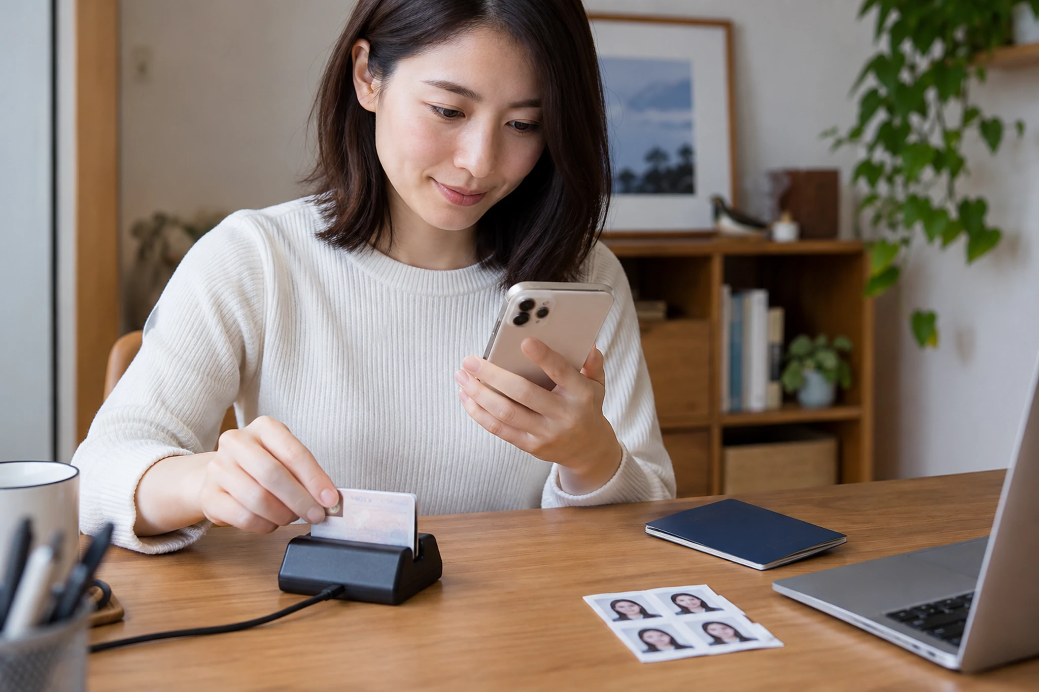 スマートフォンで電子申請の準備をする日本人女性