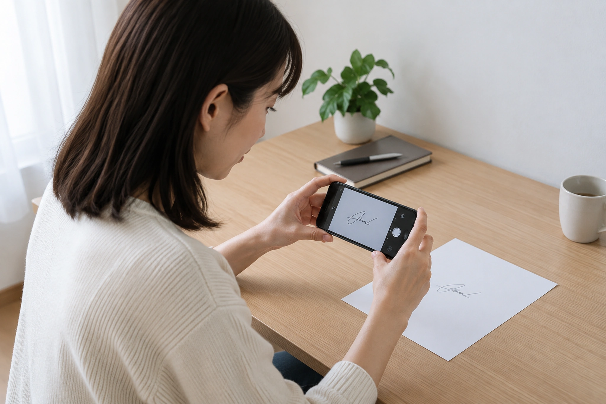 自署画像を撮影してアップロードする場面