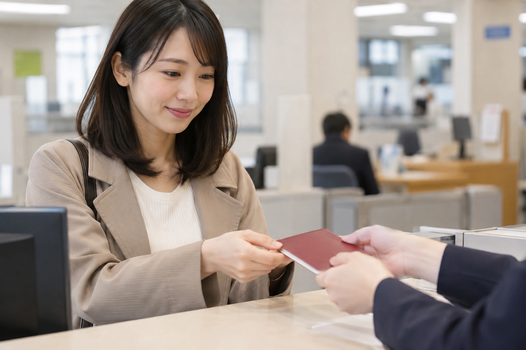 指定された窓口でパスポートを受け取る場面