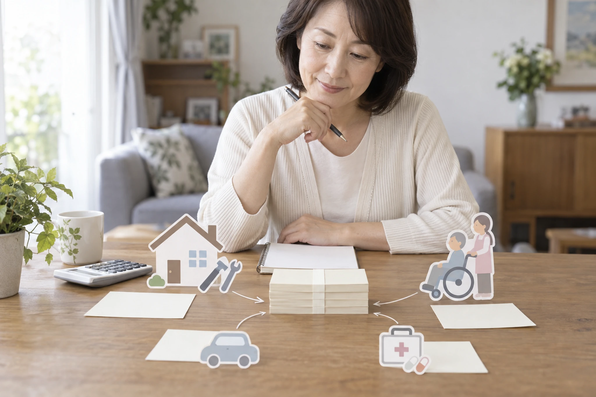 一時金の使い道と老後の家計を考える女性